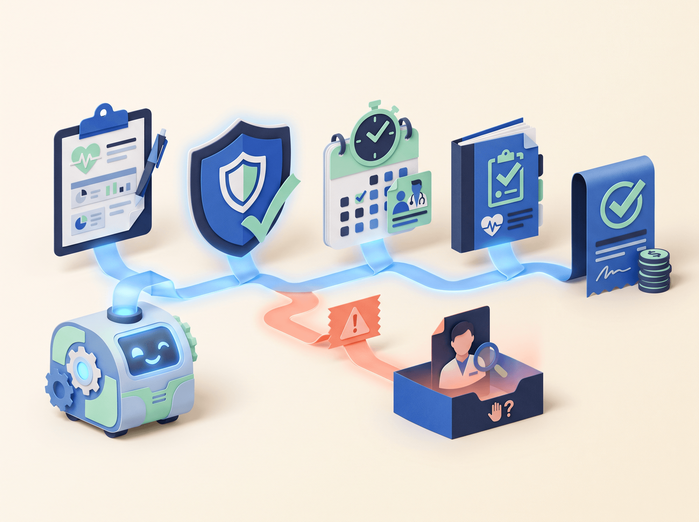A healthcare case moving through an automated workflow from order to approval, schedule, care, claim, and payment
