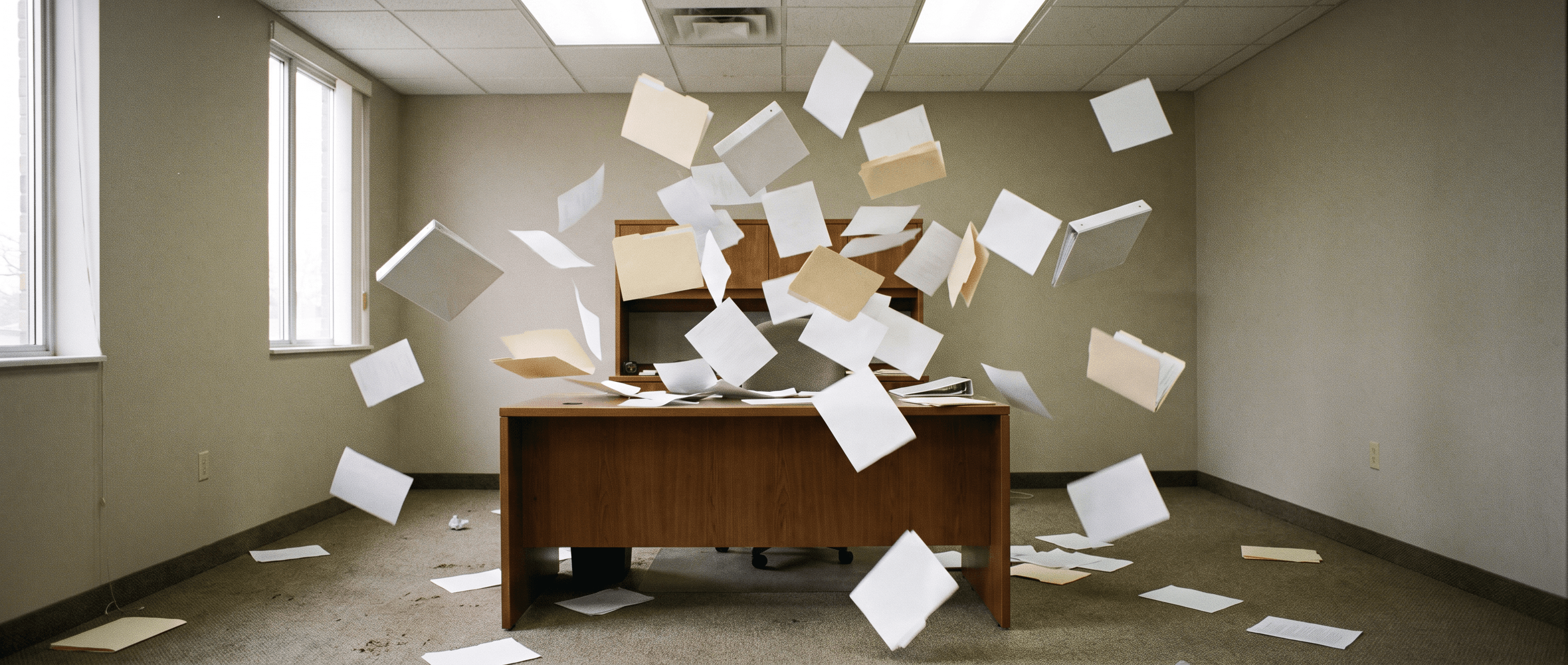 Blank papers, folders, and binders flying around an office desk in disarray.